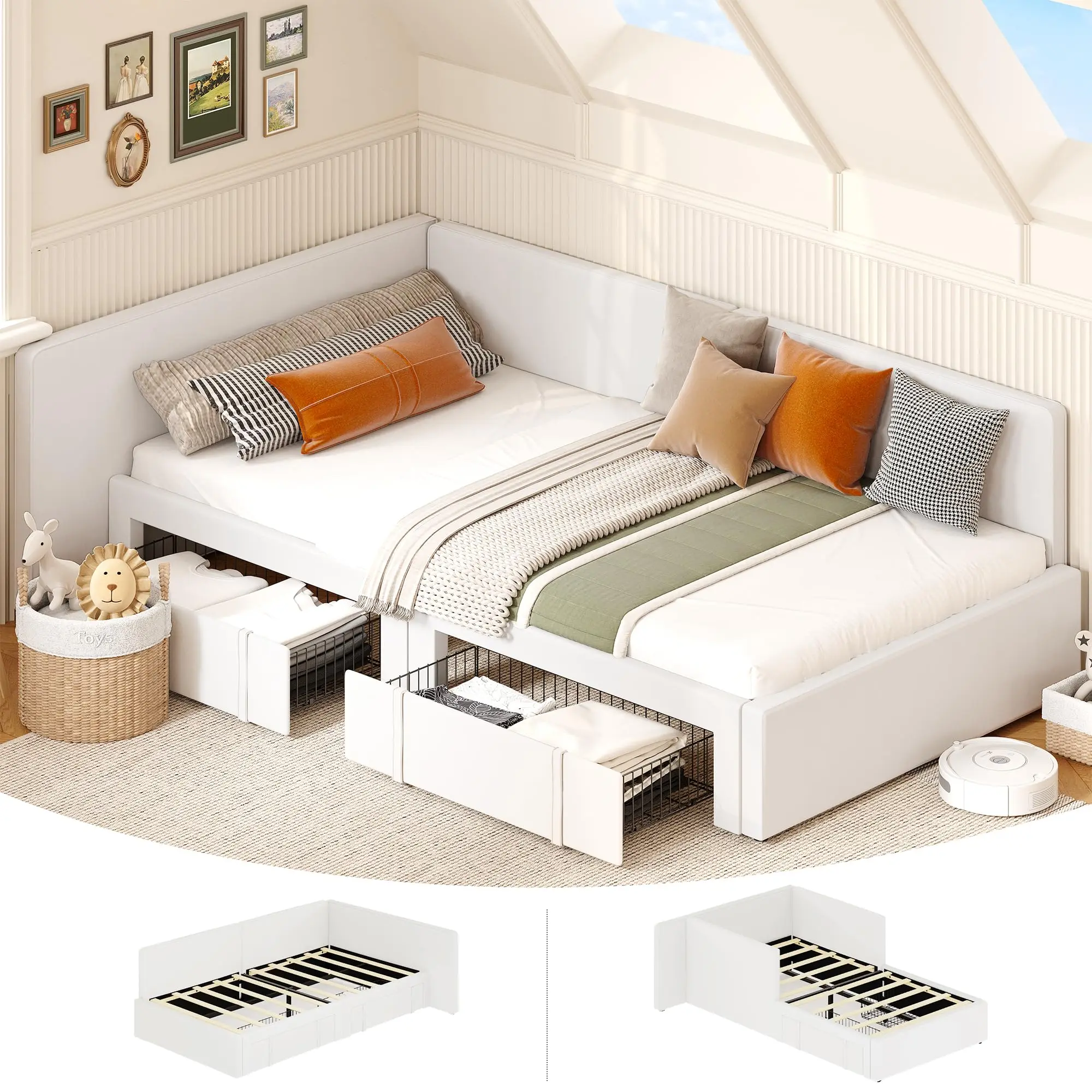 Beige Twin Daybed with 2 Storage Drawers - Corner Velvet Sofa Bed, Extended Headboard, Guardrail & Adjustable Installation for Bedroom, Guest Room
