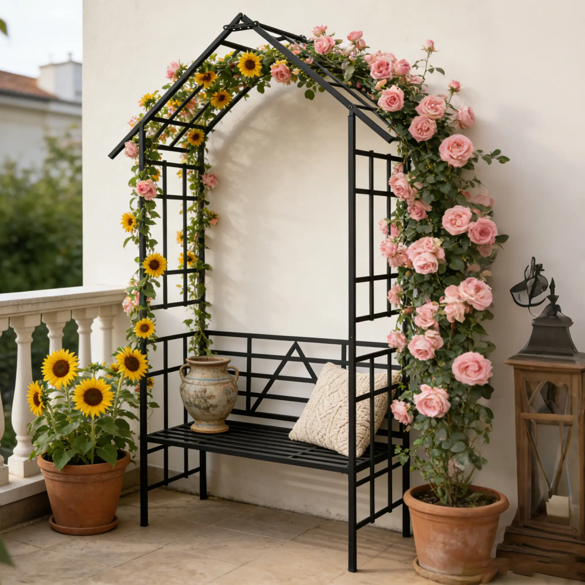 ARCH Metal Garden Arch with Bench Flower Stand Climbing Plant Support Rose Trellis for Outdoor Patio Yard Decor Black 58x97in, Heavy Duty Steel Frame Wedding Ceremony Arbor Backdrop for Climbing Vines and Roses, Home Furniture and Household Product