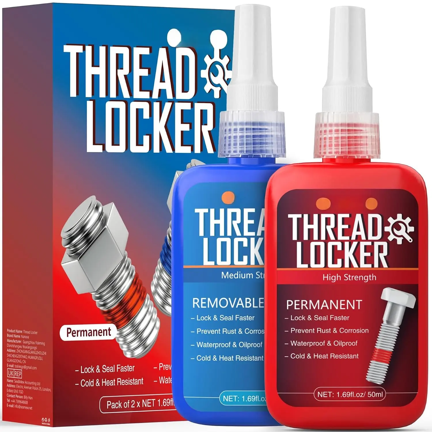 Thread Lock Blue and Red, 50mlx2 Thread Locker Medium and High Strength, Threadlocker Removable & Permanent for Nuts, , Fasteners and Metals to  Loosening and Leakage