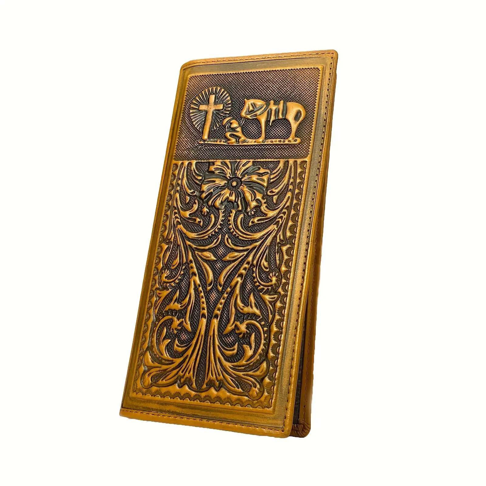 Aged Vintage Western Leather Wallet, Genuine Leather Long Bifold Checkbook Holder with Cowboy Prayer Pattern for Men & Women, Leather Wallets, Cowhide Pattern Men's Wallets