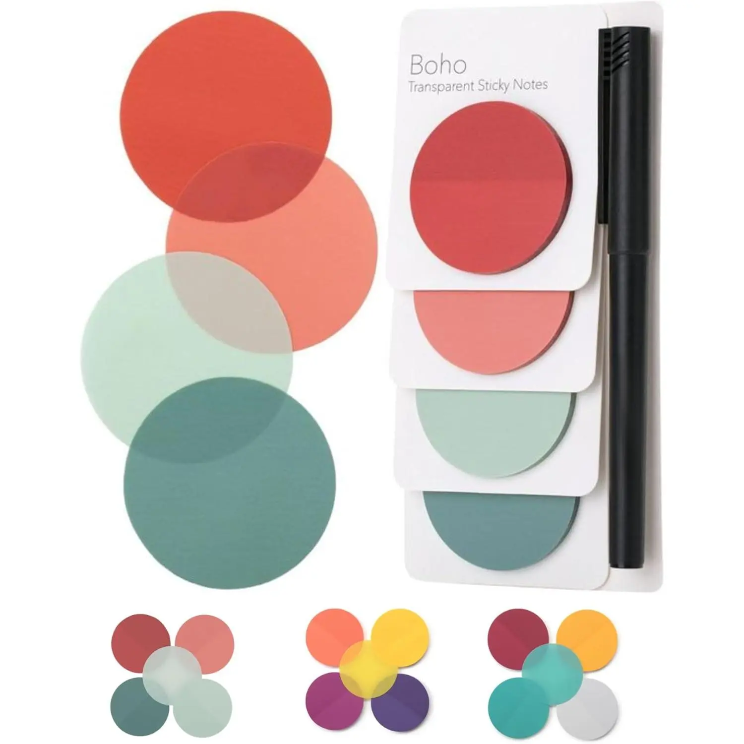 Round Transparent Sticky Notes, 1.8”, 4 Pads with Black Fineliner | 200 Sheets, Smooth Writing, Water-Resistant, Clean Removal, Easy-Peel Sticky Notes for Bible Journaling & Planning
