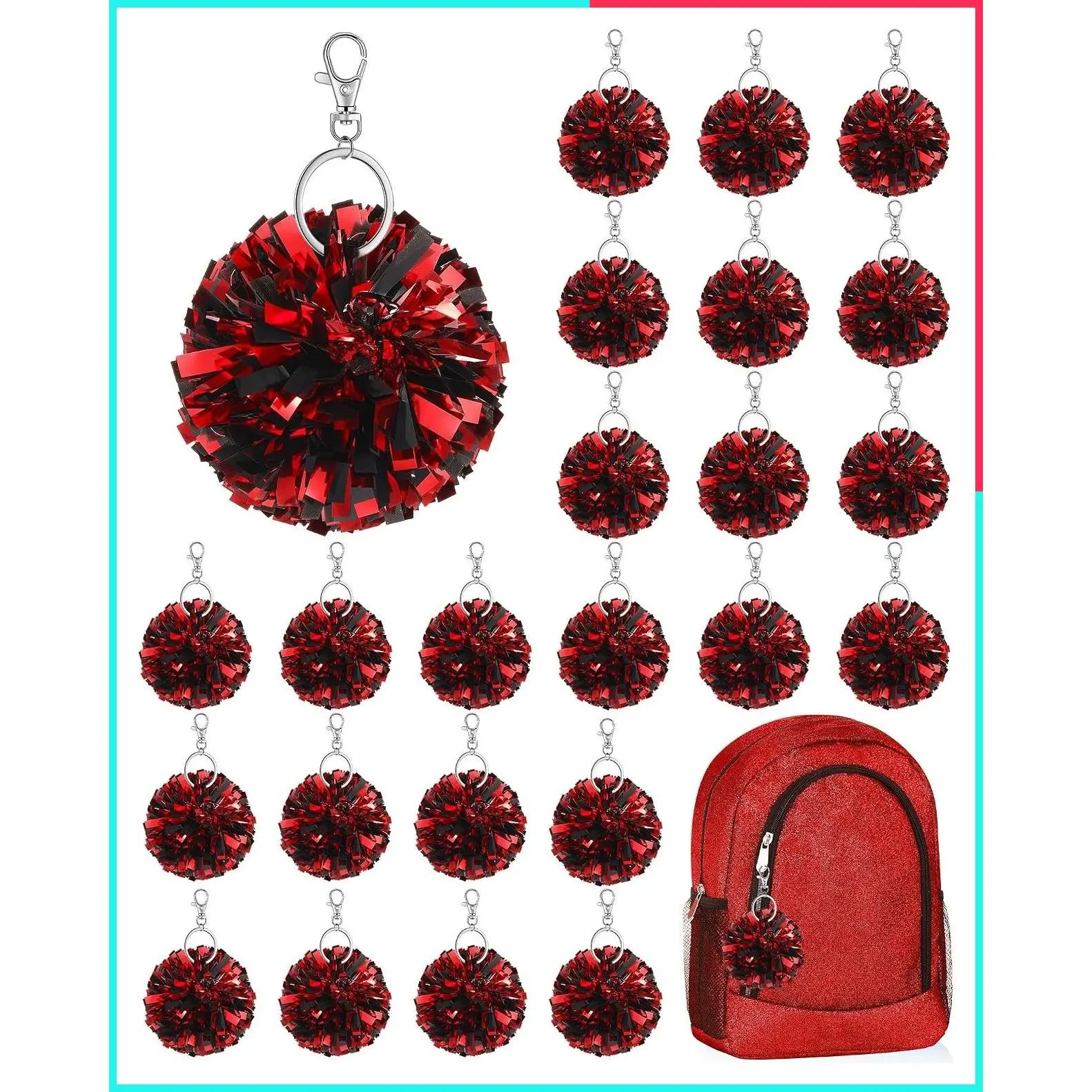 Cheer Pom Pom Keychain – Cheerleader Gift with Foil and Hook Charm, Keyring Accessory for Women