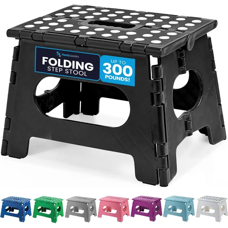 Handy Laundry Folding Step Stool - Sturdy Enough Collapsible Stool to Support Adults and Safe Enough for Kids - Opens Easy with One Flip - Great for Kitchen, Bathroom or Bedroom (Black - 9 Inch) Foldable Stool