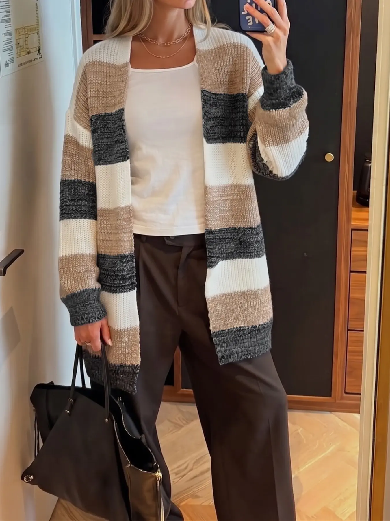 Women's Patchwork Striped Knit Cardigan, No Button Design, Casual Loose Fit, Perfect for Daily Commute, Ideal for Spring and Fall Seasons