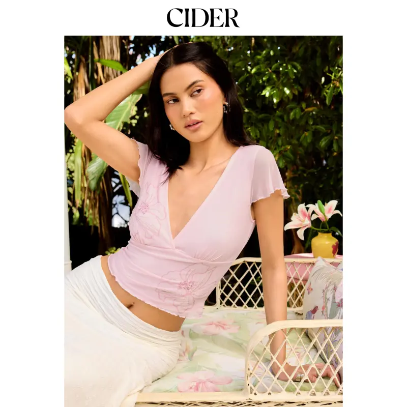 Cider Floral Embroidery Rhinestone V-Neck Ruffle Sleeve Top