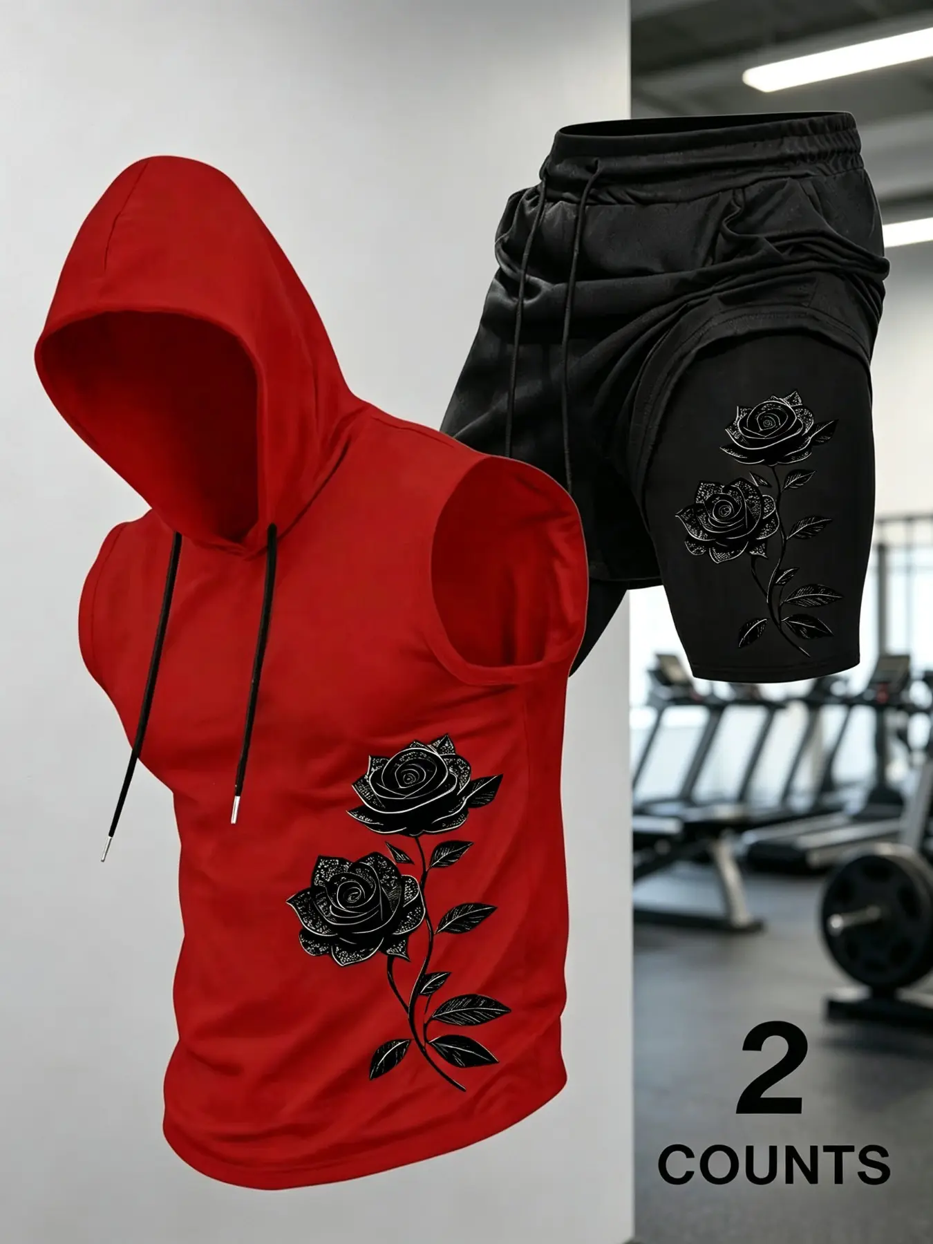 Men 2 Piece Workout Tracksuit, Drawstring Hooded Sleeveless Tank & Double Layer Drawstring Shorts, ME VS ME Graffiti Print Soft Breathable Loose Sport Outfit For Gym Training Street Daily Casual Wear #MenFitnessSet #HoodedGymVest