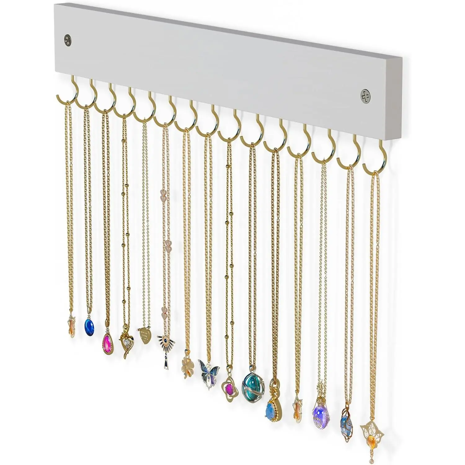 Wooden Necklace Holder for Wall with 15 Hooks -Goldwhite | Wall Mount  Hangers for Necklaces, Chains, Bracelets and Earrings, -free, Easy to Install