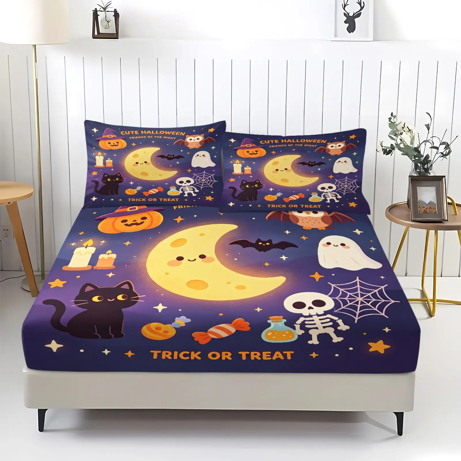 Cute Halloween Fitted Sheet Set, Bed sheet set with Cartoon Moon Black Cat Ghost Pumpkin Owl Skeleton Bat Candy Digital Print, Deep Pocket Elastic Bed Cover, Includes 2 Pillowcases‑without Core