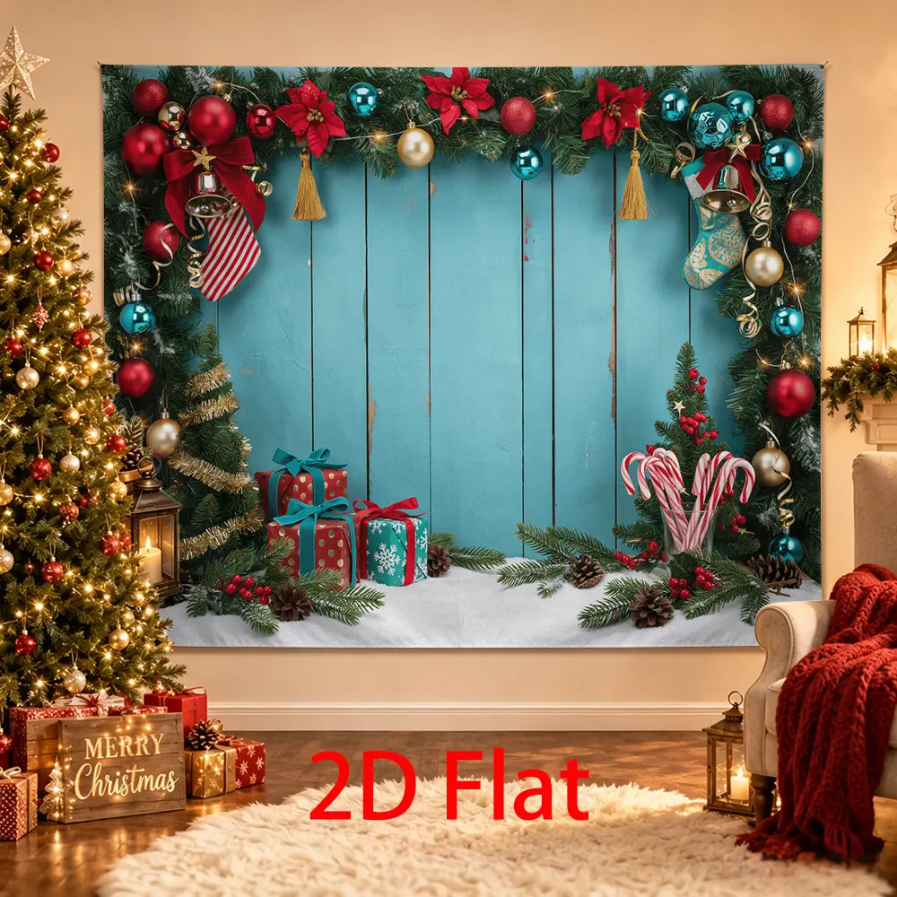 Teal Christmas Backdrop Poinsettia Garland Stockings Candy Cane Photo Background