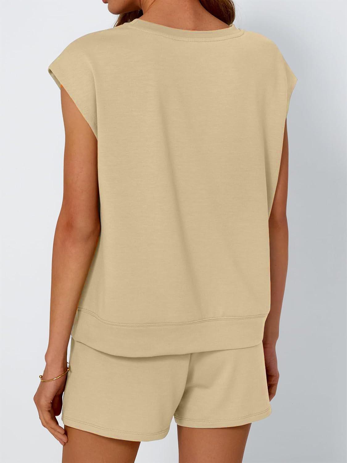 Women's 2-Piece Lounge Set - Sleeveless Cap Sleeve Top & Drawstring Pocket Shorts