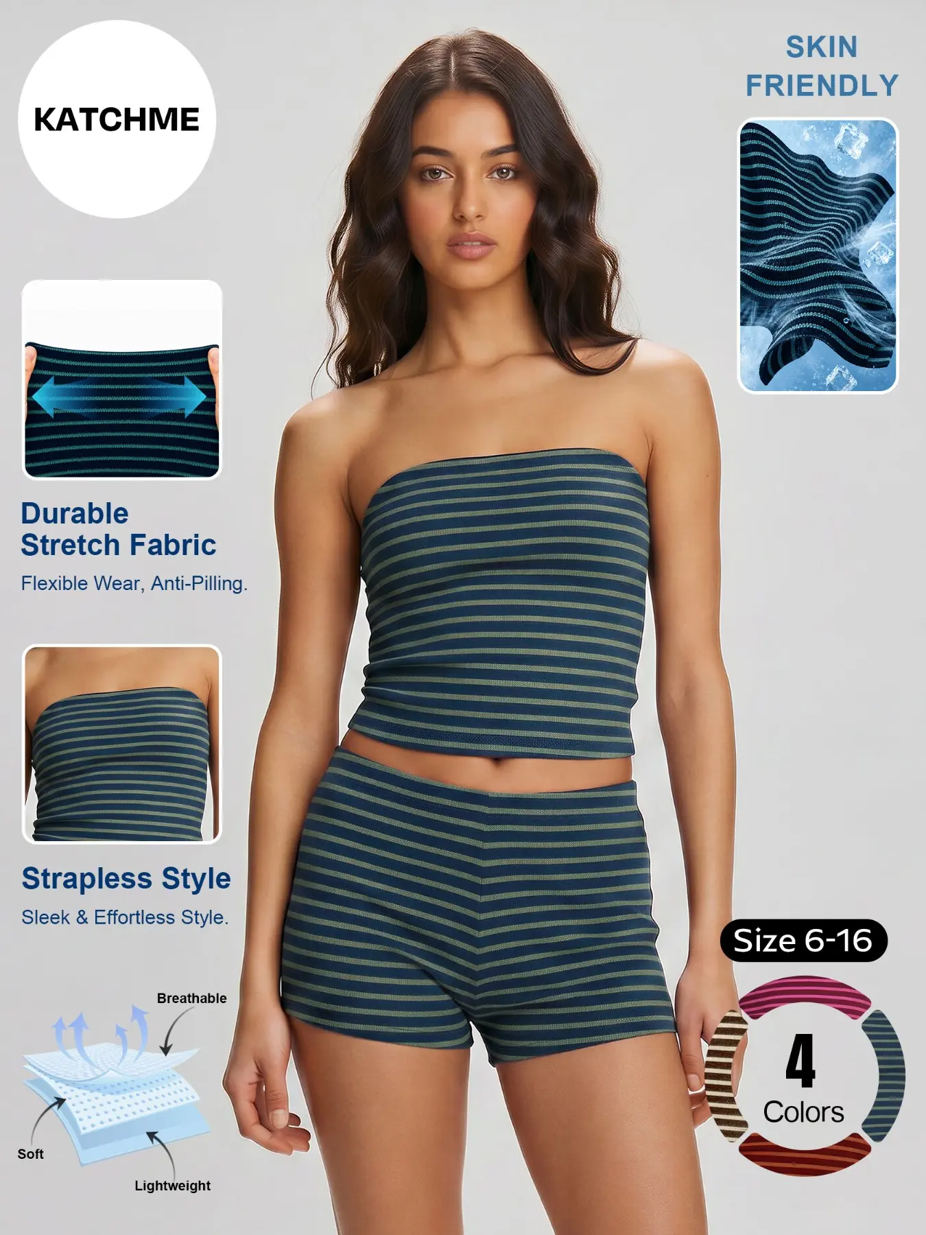 Katch Me Women's Versatile Stripe Strapless Flattering Tube Top & Shorts Co-ord, Summer Lightweight Stretchy Curvy Friendly Two Piece Sets, Breathable Wrinkle-Resistant Going Out Outfit