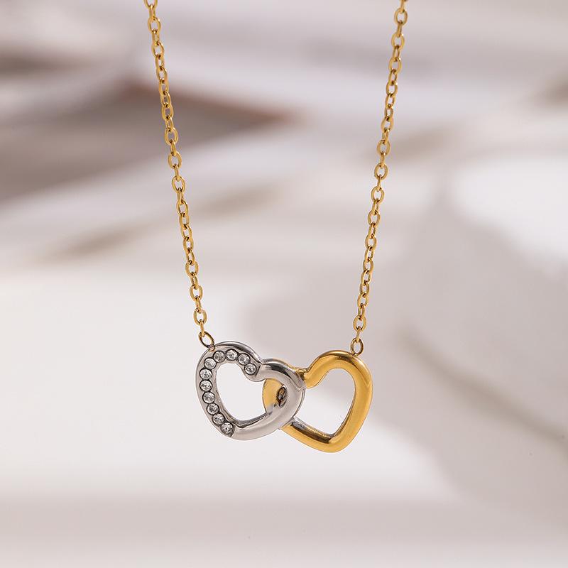 Two-Tone Double Heart Necklace for Women, High-End Luxury Pendant, Stainless Steel with Diamond Inlay, Heart-Shaped European and American Style Jewelry