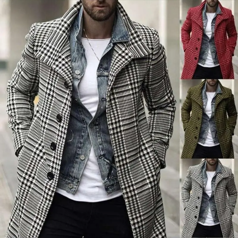 New Fashion Trend Lapel Single-breasted Plaid Medium and Long Trench Coat