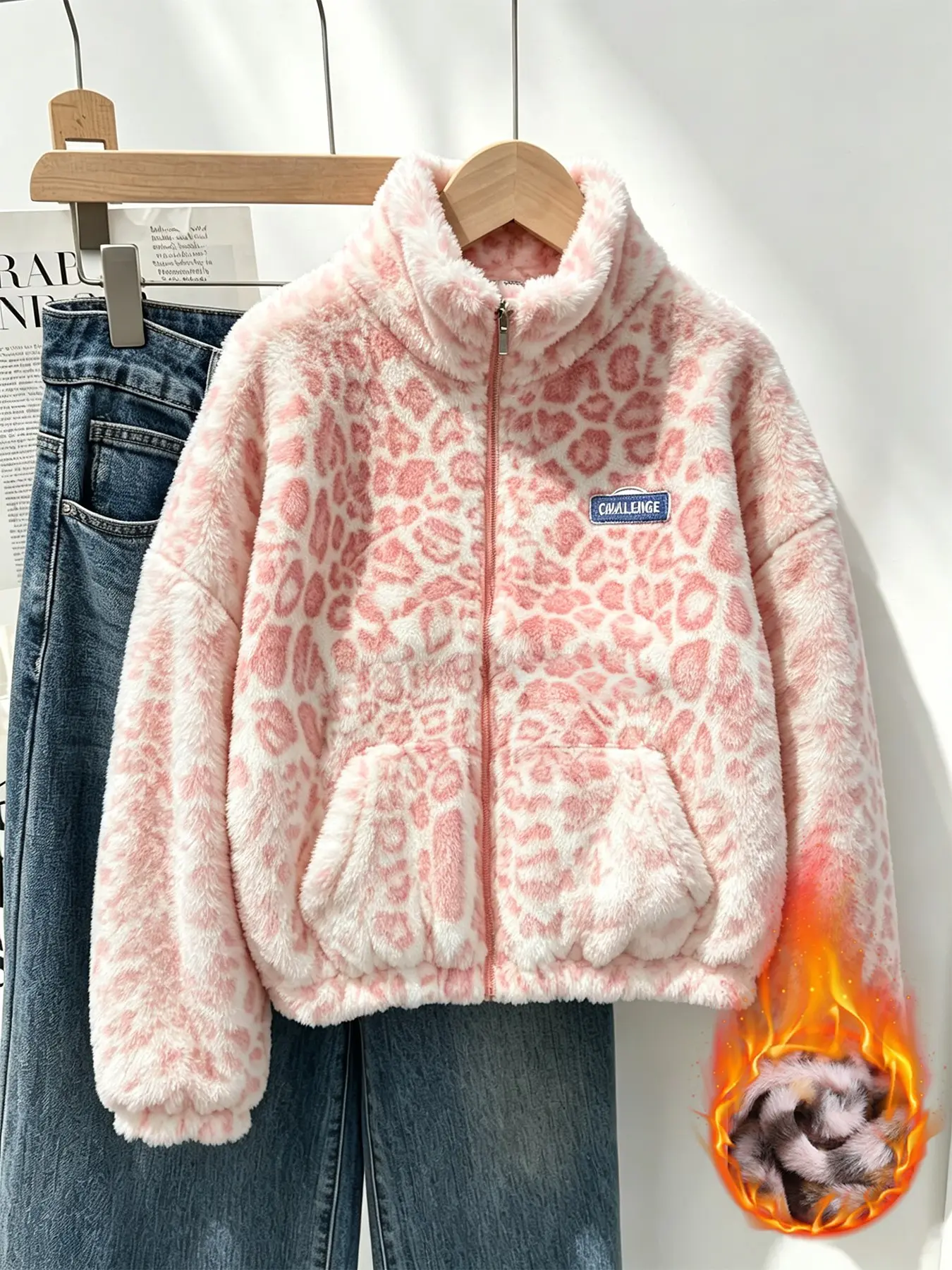 Ladies’ Y2K Sweet & Cool Pink Leopard Print Short Fur Coat with Stand Collar, Zipper, Double Pockets, Loose Fit, Thick and Warm, Stylish and Trendy for Fall/Winter, Versatile, Streetwear, Casual Outerwear Fashion.