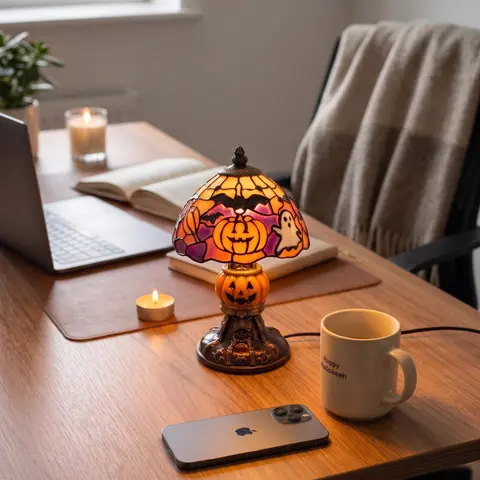 Retro Pumpkin Bat Pattern Desk Lamp – Vintage Glow for Bedroom/Living Room, Cozy Halloween Decor Gift for Home Stylists, Haunted Vibe Lighting