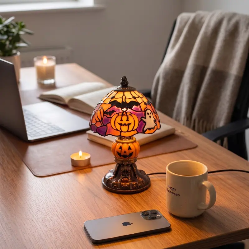 Retro Pumpkin Bat Pattern Desk Lamp – Vintage Glow for Bedroom/Living Room, Cozy Halloween Decor Gift for Home Stylists, Haunted Vibe Lighting