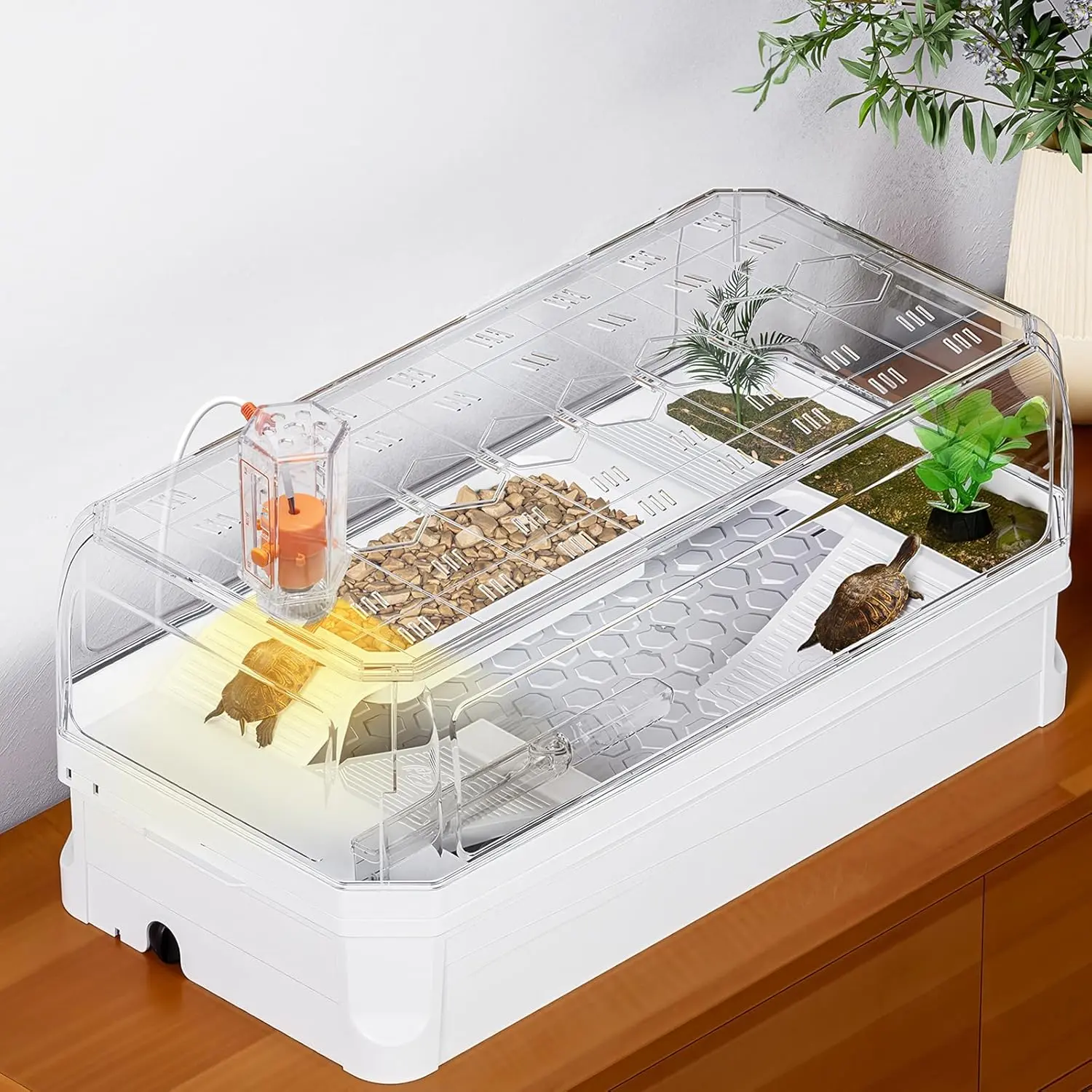 Compact Plastic Reptile Tank Enclosure Kit with Lid - 13-Piece Starter Habitat for Red Eared Sliders, Includes Basking Plate, Filter, Rain Shower, Light, Decor, Basking Platform, Includes Basking Platform