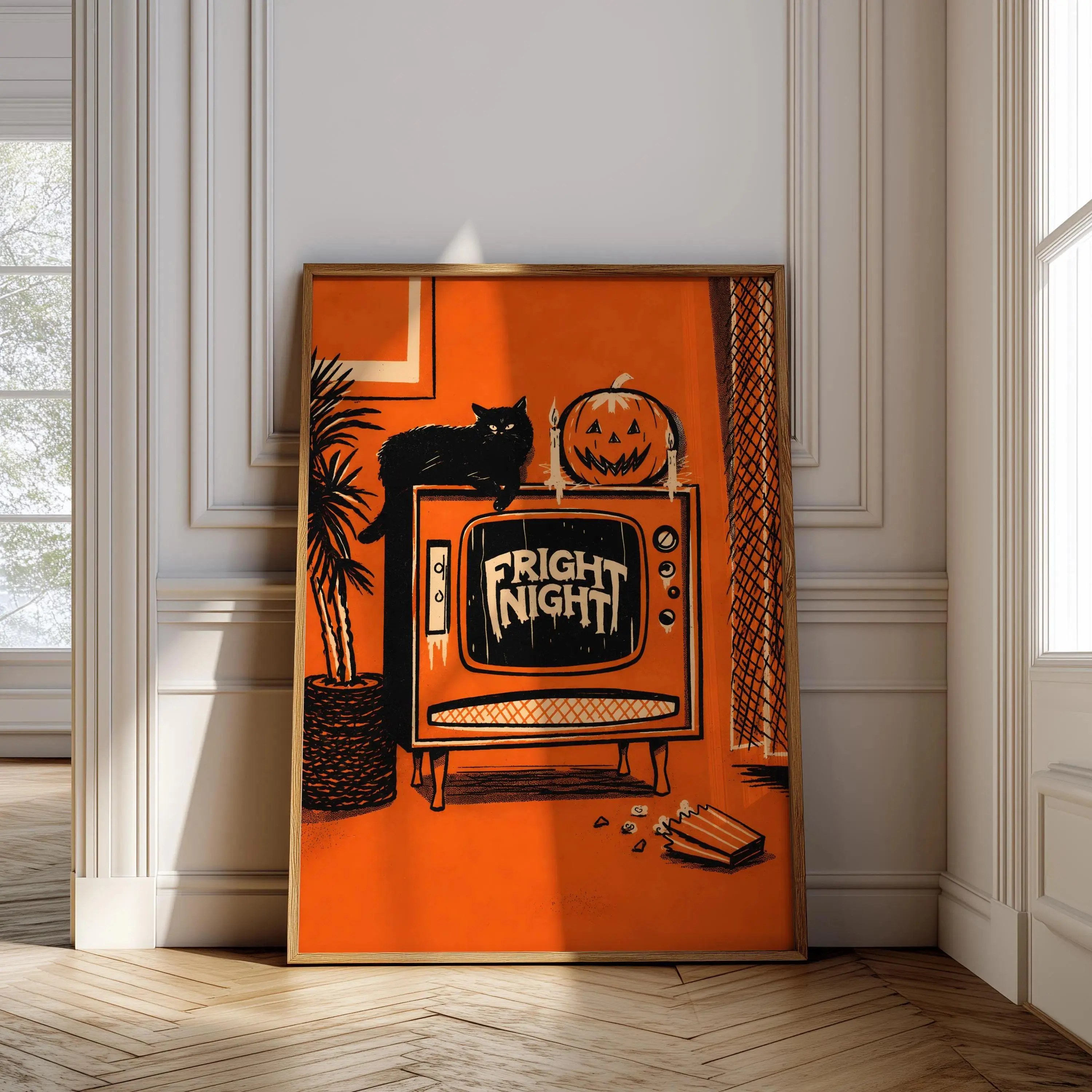 Retro Fright Night Halloween Wall Art, Orange Vintage Television Poster with Black Cat and Pumpkin for Living Room, Bedroom and Fall Home Decor