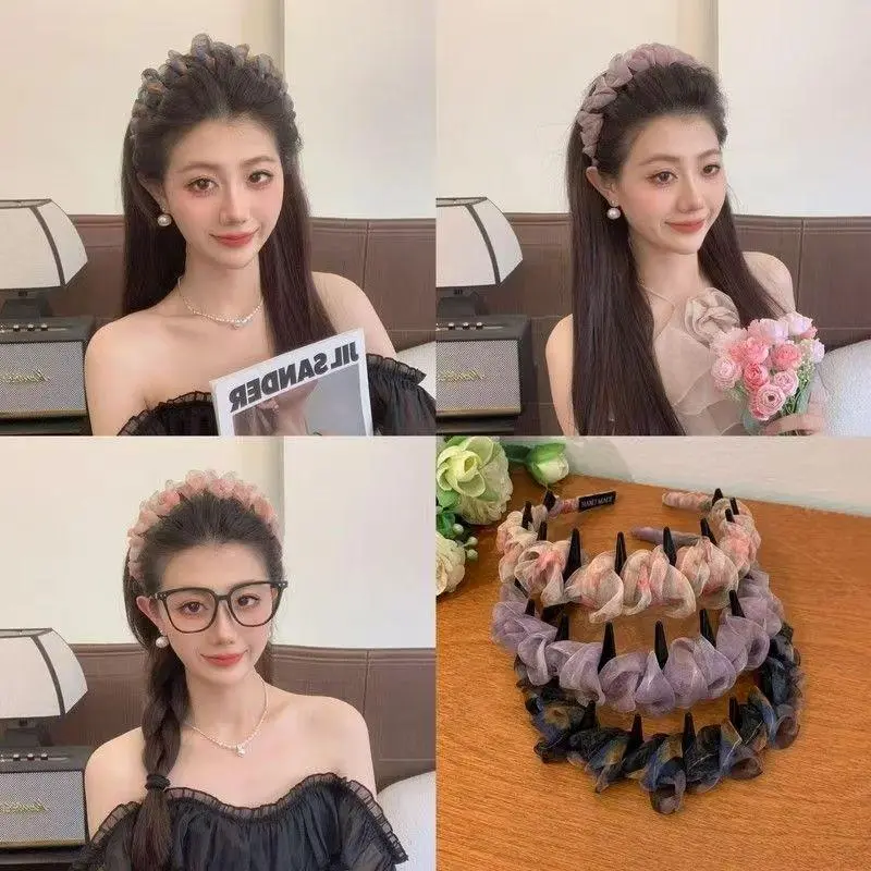 Ruched Tulle Headband for Women, Soft Girl Gradient Translucent Bubble Design with Anti-Slip Teeth for Everyday Makeup, Teeth Headband, Female Headband
