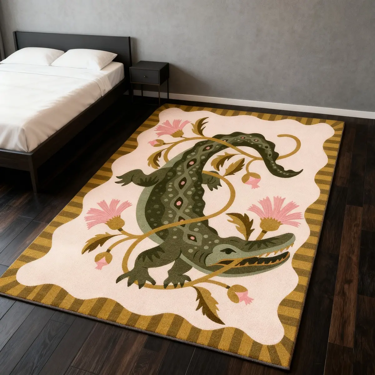 Vintage Crocodile Floral Rug, Bohemian Striped Border Artistic Plush Carpet, Soft High-Density Tufted Mat, Non-Slip Base, Large Size