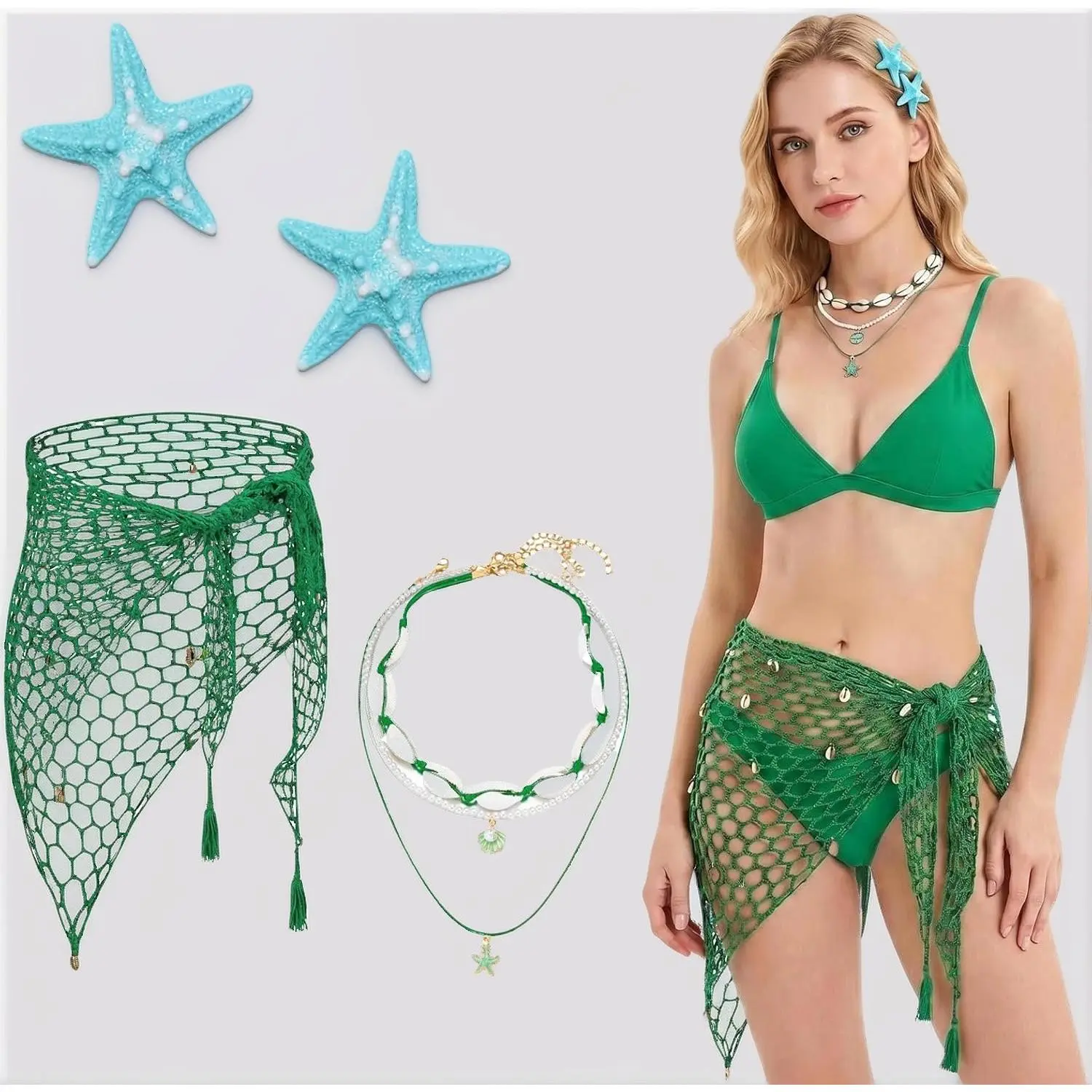4PCS Mermaid Costume Accessories for Women, Shell Crochet Fishnet Cover Up Skirt, Starfish Hair Clips, Seashell Necklace
