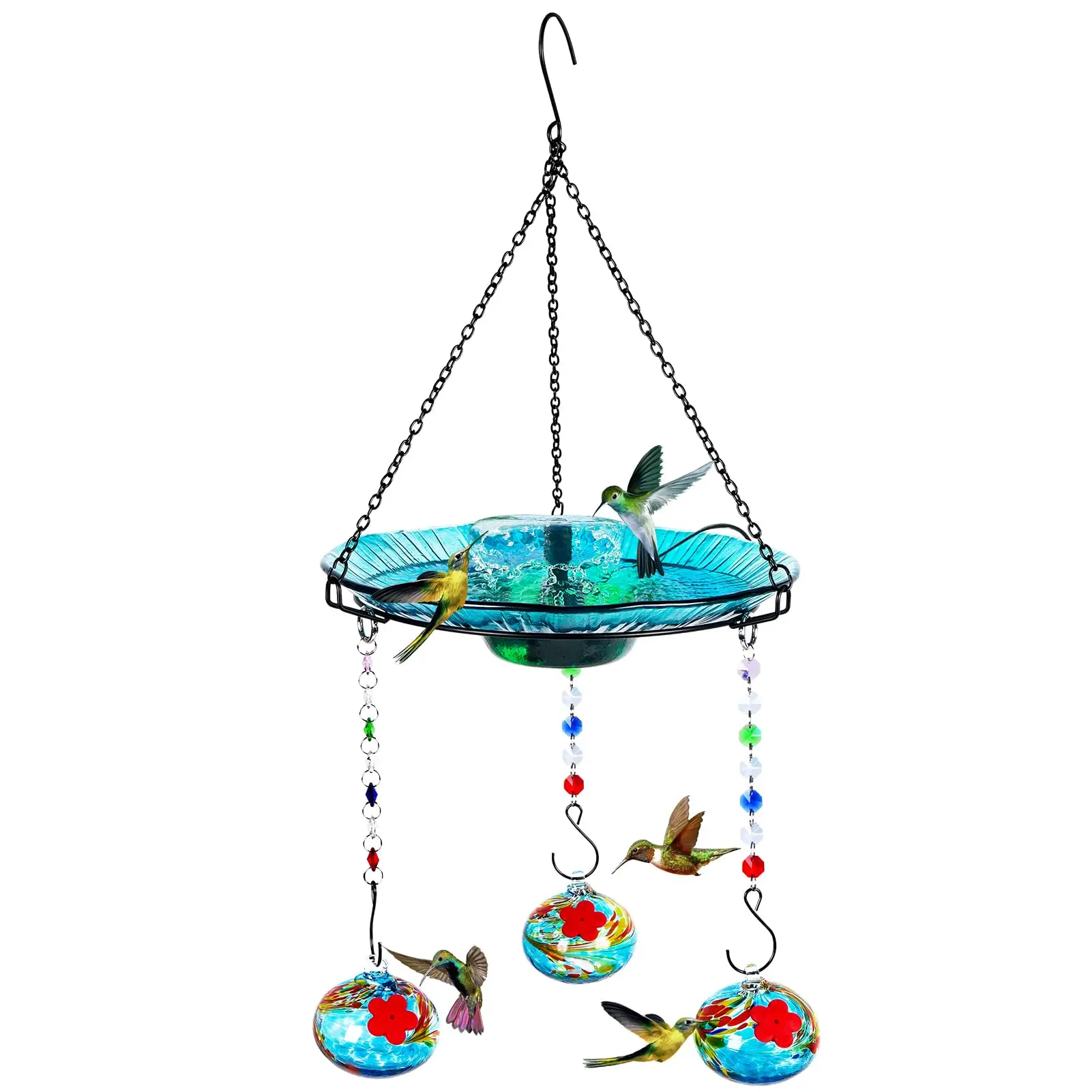 Headak Life 2-in-1 Solar Powered Hummingbird Feeder & Bird Bath for Outdoors - Floral Design, 3 Red Feeder Pots for Small Birds, Hanging Bowl Dish for Decks, Hanging Bird Feeders For Outdoors, Glass