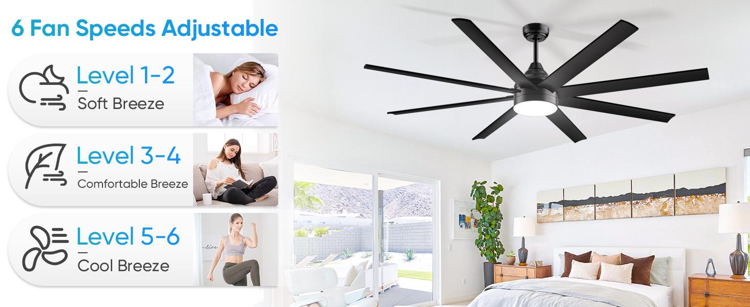 Large Ceiling Fans with Lights and Remote/APP Control, Indoor Outdoor Black Ceiling Fan for Kitchen, Living Room, Patio, 6 Speeds Reversible Quiet DC Motor, 8 Blades