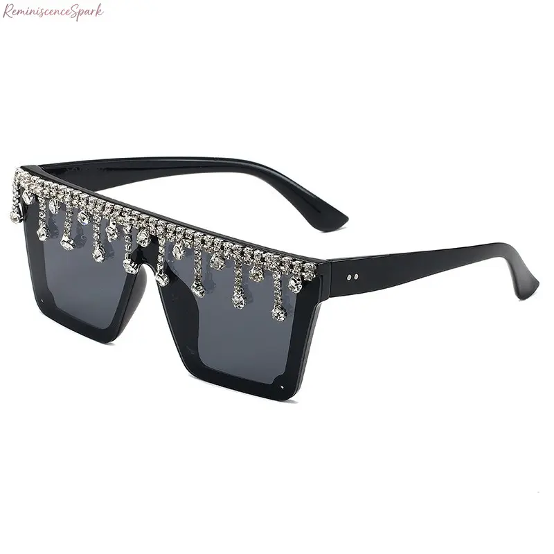 Unisex Adults Oversized Square Styling Sports Sunglasses - Modern Leopard Print, Rhinestones Tassel, Solid Metal Frame, UV400 Polycarbonate Lens, UV Protection for All Adult Users, Club Parties, Daily Outfits