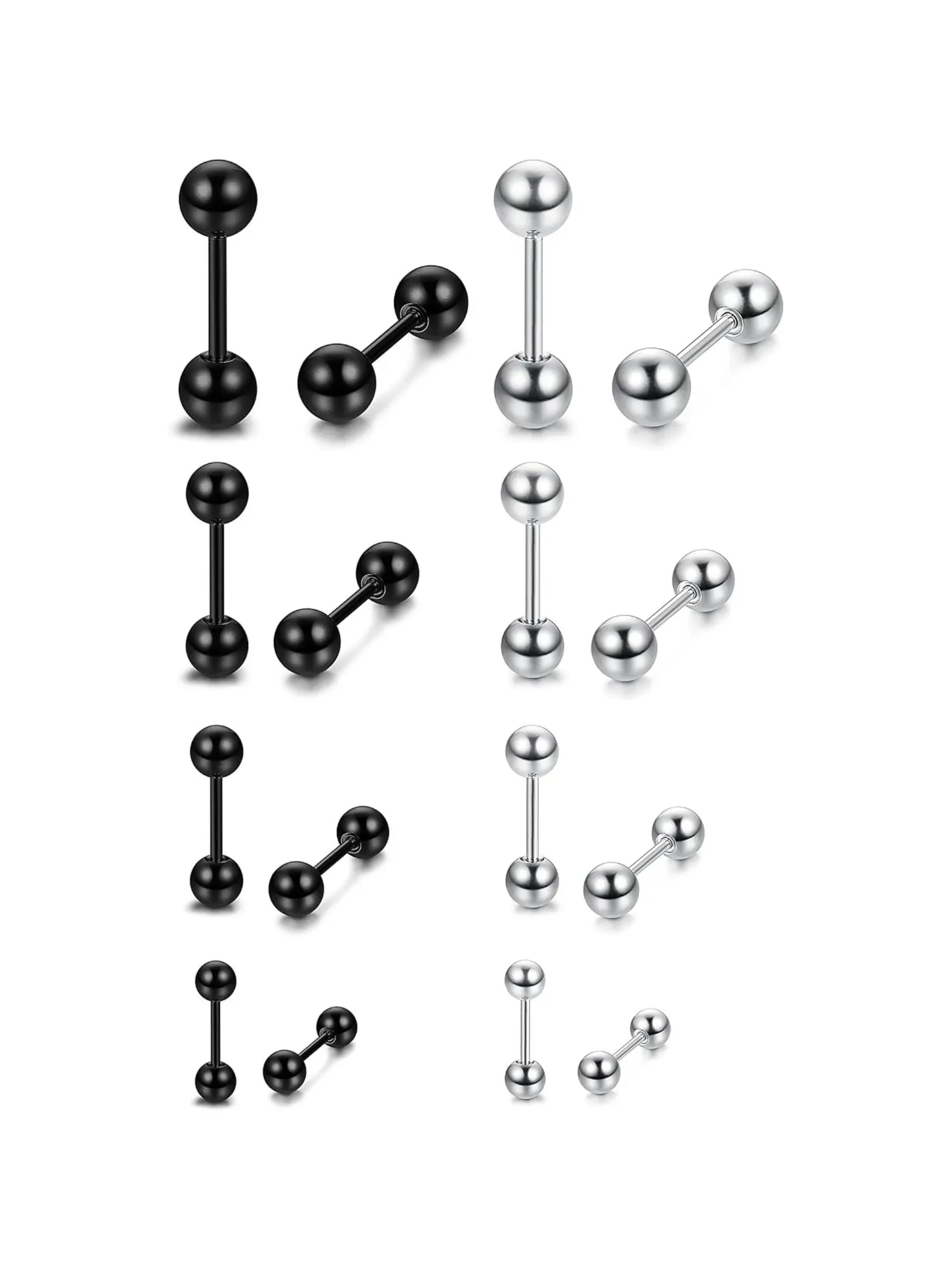 8 Pairs Silvery Black Multi-Size Ball Barbell Piercing Set Hypoallergenic Stainless Steel Unisex Body Jewelry Collection Classic Straight Barbell Design Tongue, Tragus, Helix, Helix Cartilage Piercing, Nipple Piercings Ideal for Piercing Lovers