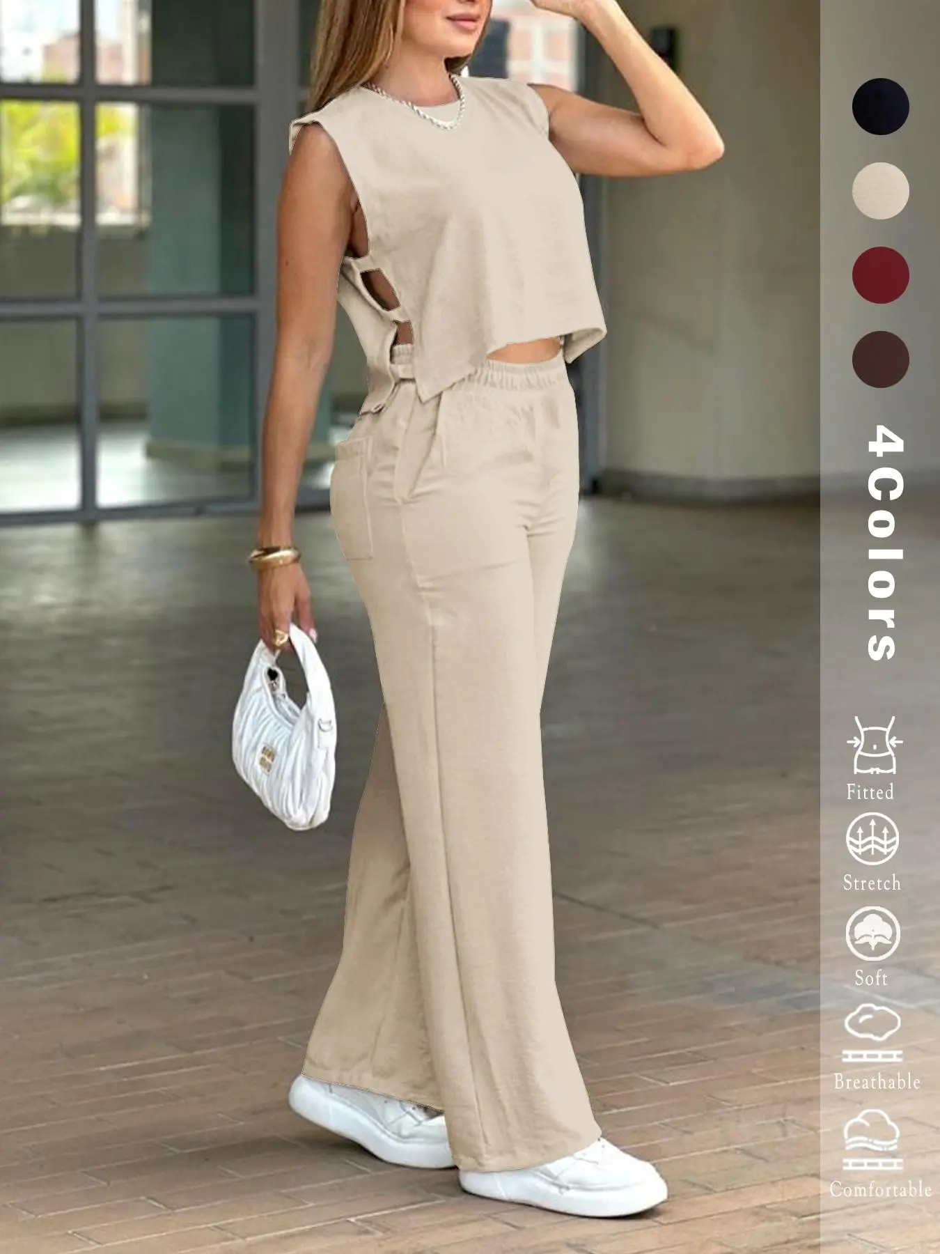 Trendy Beige Breathable Lightweight Two-Piece Set Streetwear | Sleeveless Crop Top + Wide Pants | Summer Street, Vacation, Beach Outfit