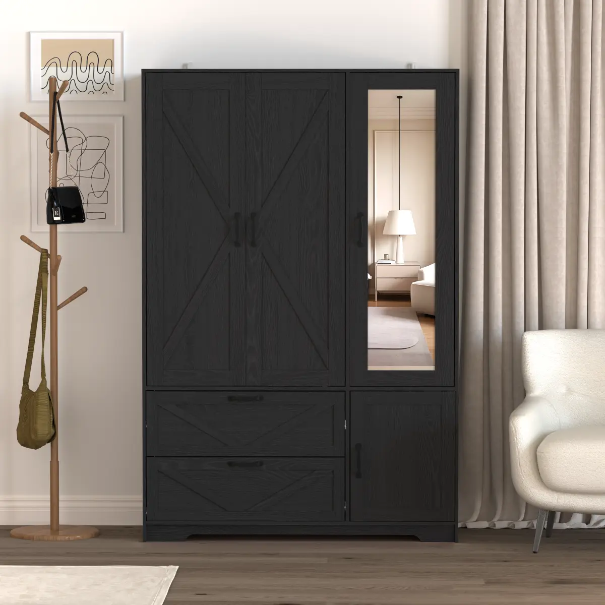 4-Door Wardrobe Closet with Mirror & LED Lights – Wooden Storage Cabinet with Hanging Rod and Adjustable Shelves, 2 Drawers, Modern White Bedroom Organizer with Motion Sensor Lighting