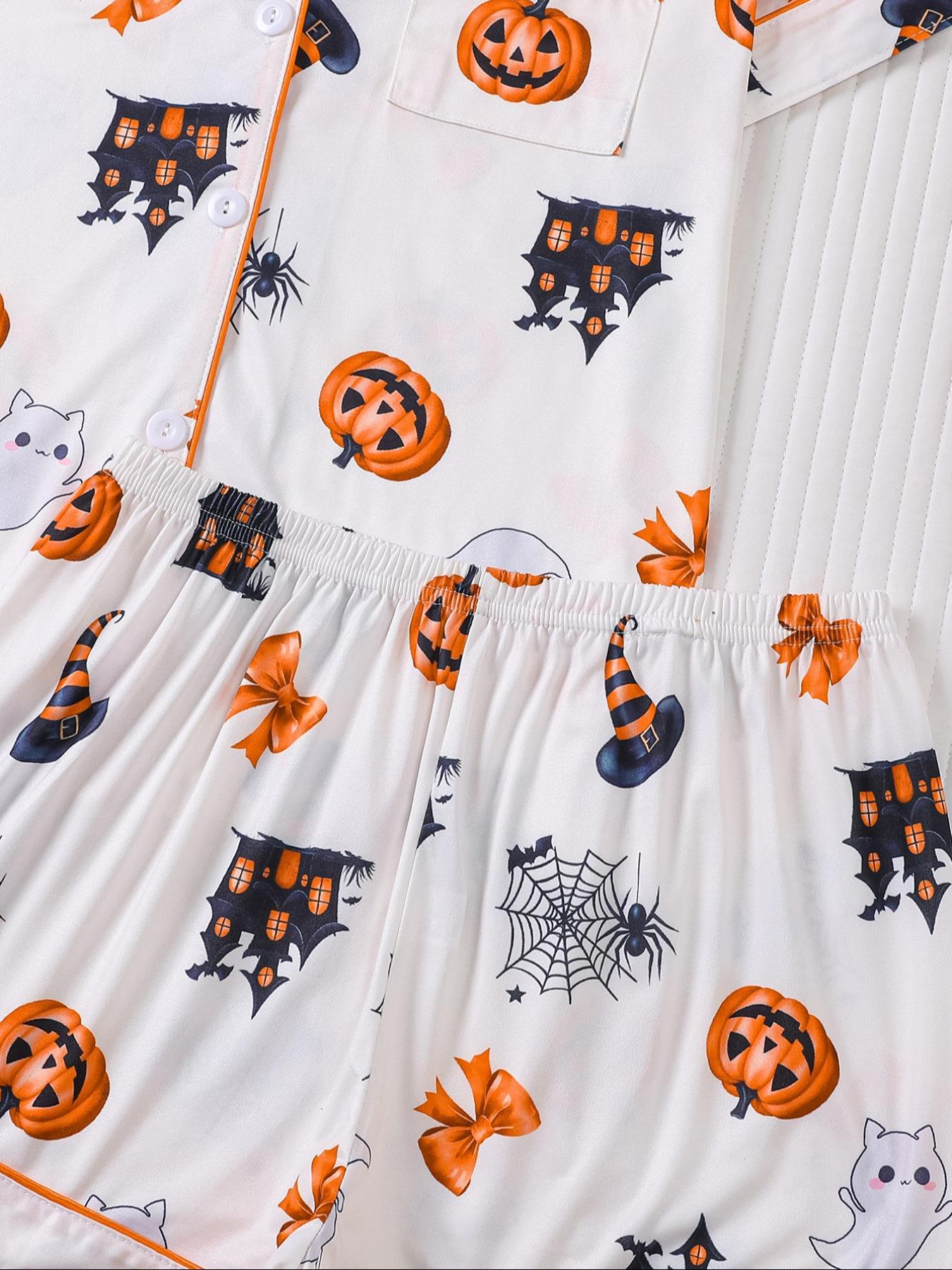 Women Christmas Pajama Set, Santa & Bowknot Tree Pattern, Short Sleeve Button-Up Shirt & Elastic Shorts, Casual All-Season Sleepwear Loungewear