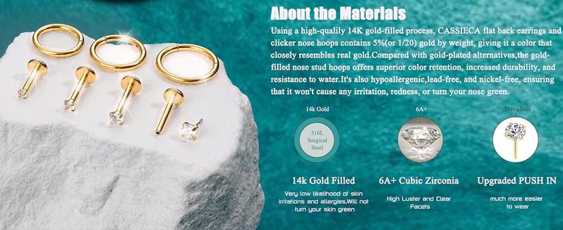 CASSIECA 14K Gold Filled Flat Back Nose Studs For Women Men Hypoallergenic Surgical Steel Nose Rings Hoops- Threadless Flat Back Earrings Helix Cartilage Tragus Conch CZ Stud Labret Lip Nostril Septum Ring Body Piercing Jewelry 20G 18G 16G