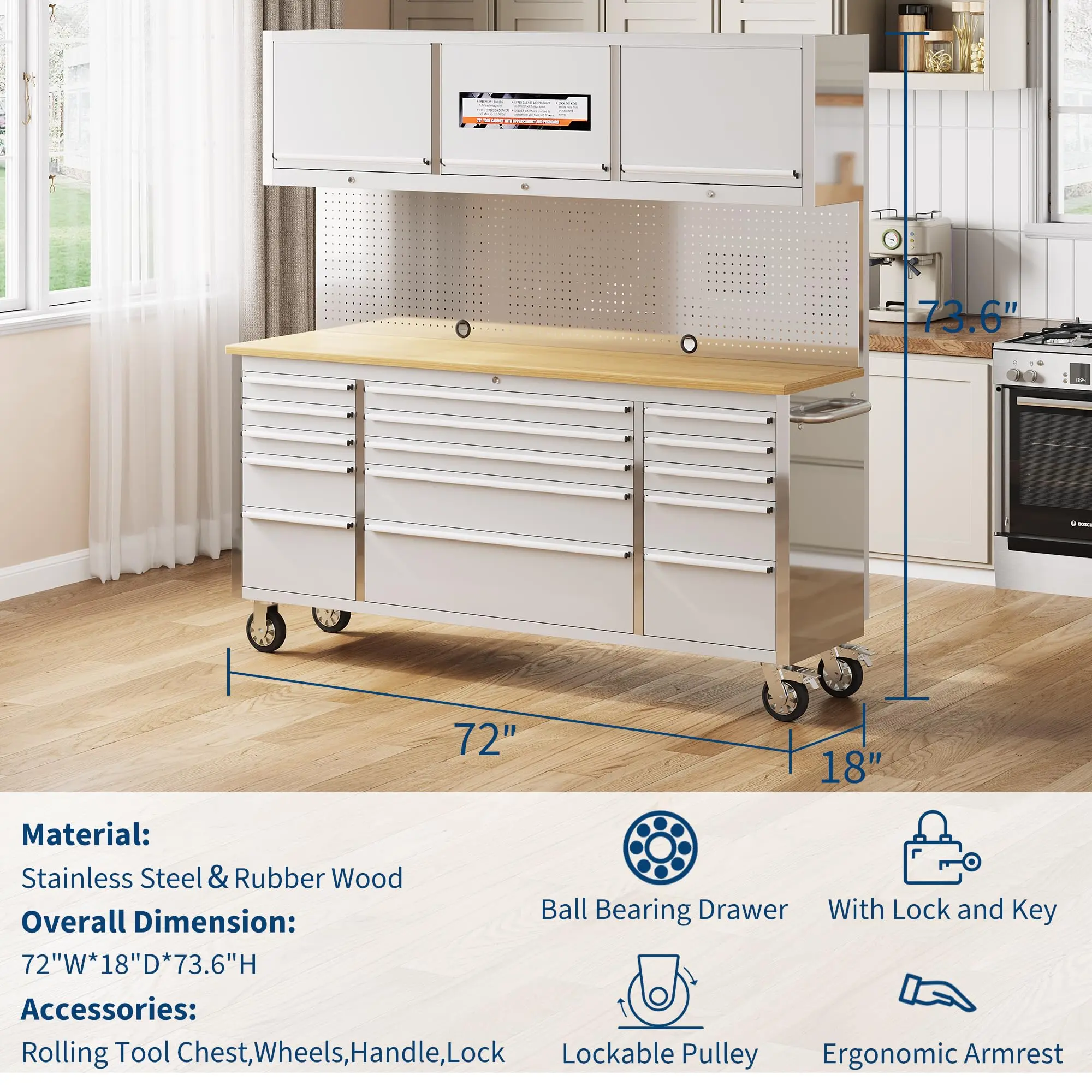 72 Inch Rolling Tool Chest with 15 Drawers and 3 Top Cabinets, Heavy Duty Stainless Steel Tool Cabinet with Rubber Wood Workbench Top, Pegboard and Locking Wheels for Garage Workshop