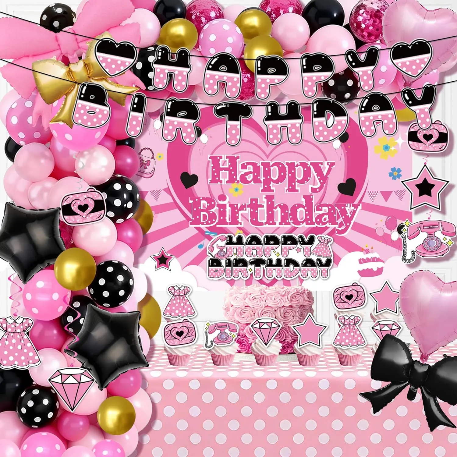 126PCS Pink Mouse Birthday Party Decorations, Cartoon Theme Party Supplies Include Backdrop, Foil Balloons, Tablecloth, Cake Toppers, for Girls and Baby Shower