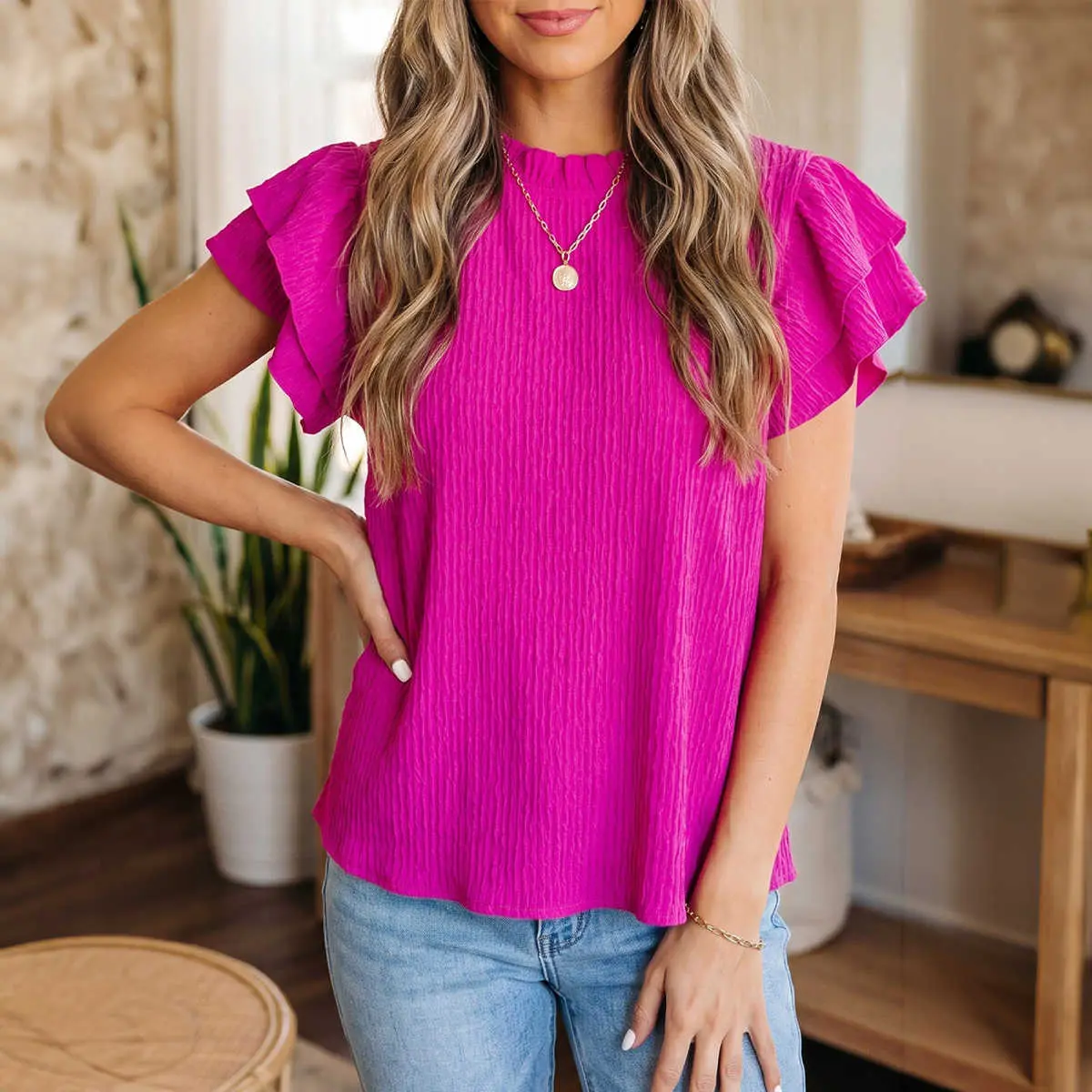Women's Rose Red Solid Textured Ruffle-Trim Short-Sleeve Blouse - Everyday Ready-to-Wear 1-Piece Fabric Top for Casual Wear