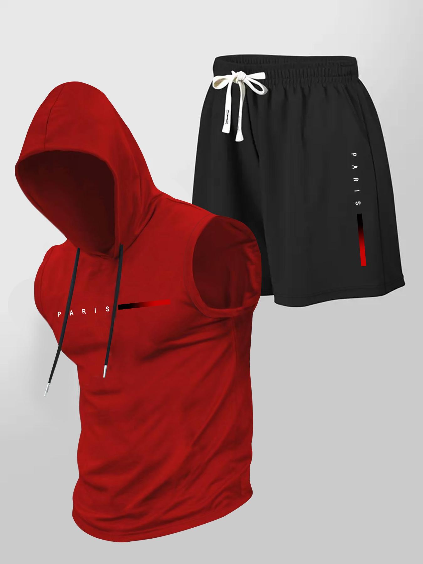 Two-Piece Set Men's Letter Print Hooded Vest & Drawstring Waist Shorts Set, Regular Fit Sleeveless Top & Track Shorts, Casual Summer Clothes Set for Outdoor Sports, Sports Clothing Set