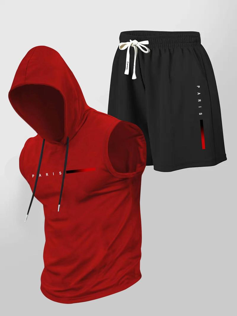 Two-Piece Set Men's Letter Print Hooded Vest & Drawstring Waist Shorts Set, Regular Fit Sleeveless Top & Track Shorts, Casual Summer Clothes Set for Outdoor Sports, Sports Clothing Set
