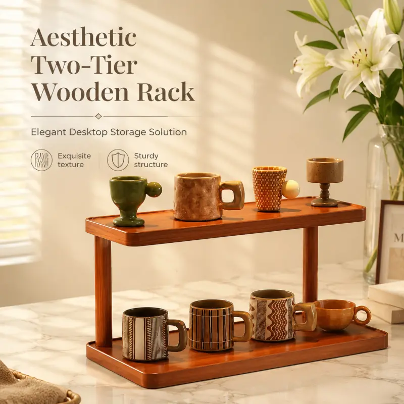 Minimalist Double-Tier Wooden Shelf, two-layer desktop organizer, perfect for displaying mugs, teacups and tableware, Cup Storage Organizer