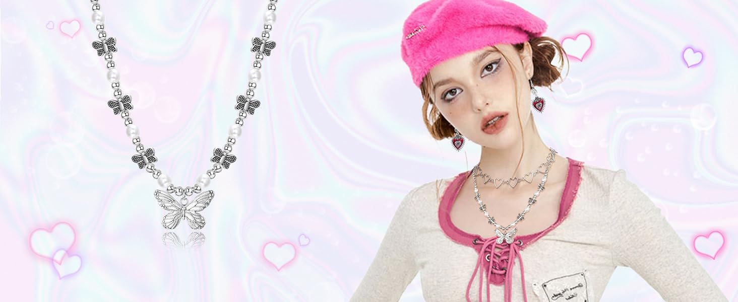 Trendy 33Pcs Grunge Vintage Punk Necklace Jewelry Set Gothic Earrings Fairy Butterfly Boho Crystal Y2k Cross Pendent Butterfly Heart Choker Goth Stackable Knuckle Rings Adjustable Y2k Accessories for Women Men