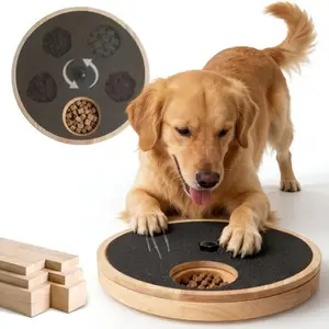 Wooden Dog Scratching Board, Round Rotatable Food Dispenser with Nail File Pad, Pet Claw Grinder, Essential Puppy Accessory