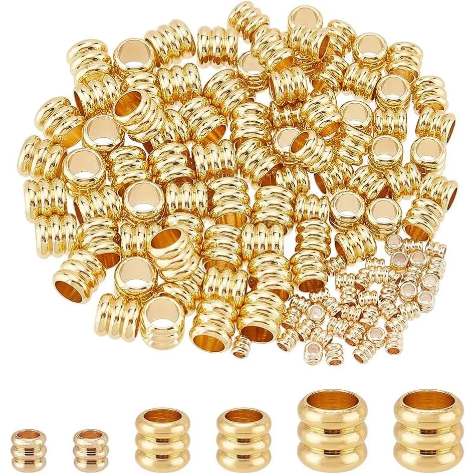 120 count 14K  Plated Beads Column Spacer Beads 3 Sizes Brass Grooved Tube Bead Metal Loose Spacer Bead for  and Lanyards Making, Hole 1.6-4.5mm