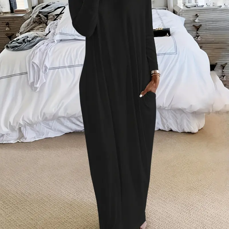 Women's Casual Leaf Print Dress, Loose-Fitting Long Sleeve Sleepwear, Comfortable Home Wear, All-Season Fashion, Pocket Design, Chic