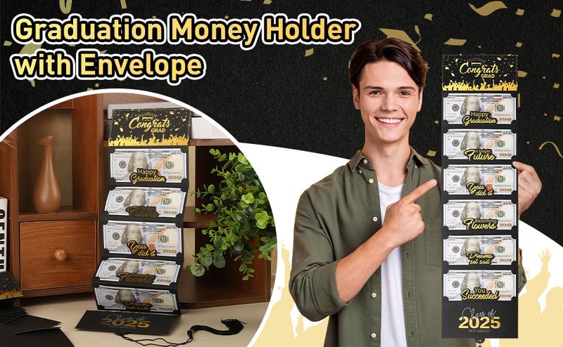 2025 Graduation Money Cards with Envelope, Graduation Gift Card Money Holder 2025, Graduation Money Holder for Cash for College High School Graduation Party (Black Gold)