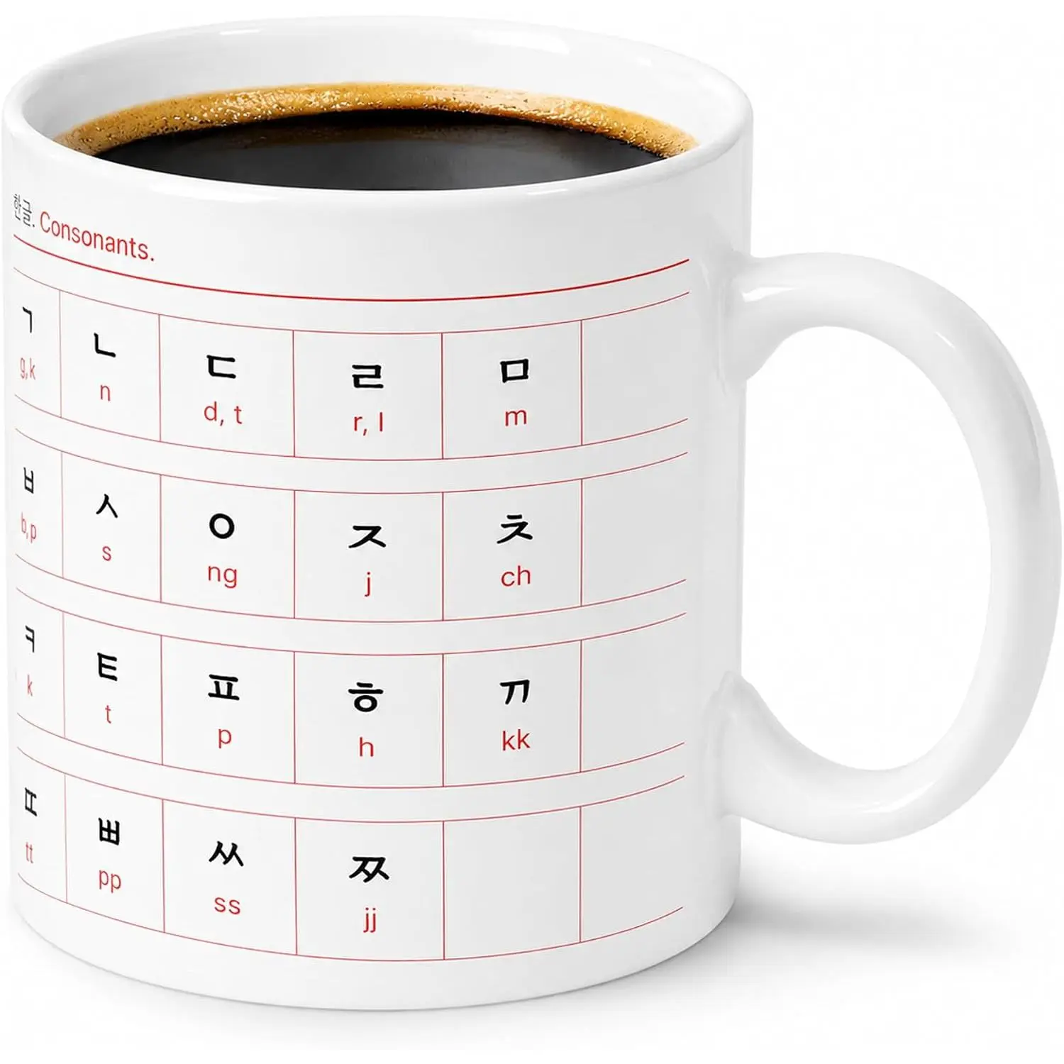 한글 12oz Korean Ceramic Coffee Cup with Stunning Hangul & English Alphabet  - Ideal Mug for Coffee & Language Enthusiasts - Durable -  Korean  (Square Manuscript)