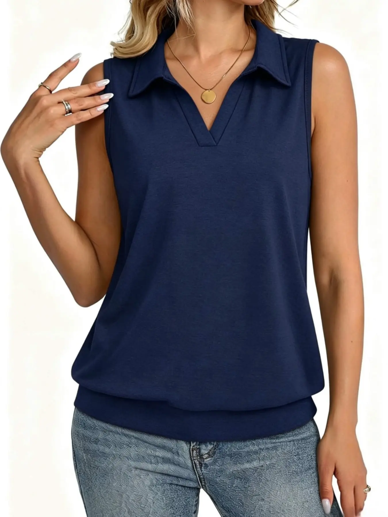 Summer New Women's Sleeveless Plain Polo Shirt, Elastic Hem Business Casual Vest Top, European and American Style, Ladies' Fashion Apparel