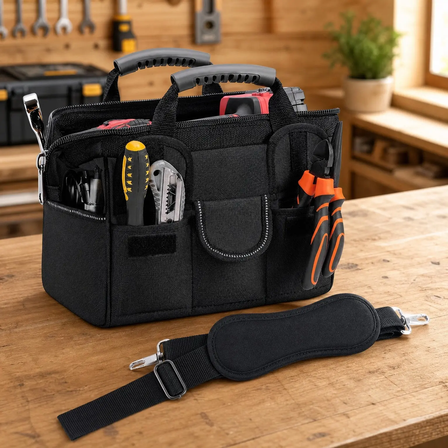 Heavy Duty Multi-Pocket Tool Bag Organizer with Adjustable Shoulder Strap and Ergonomic Handle, Portable Tool Storage Bag (Black, 12" Standard Base)Gift