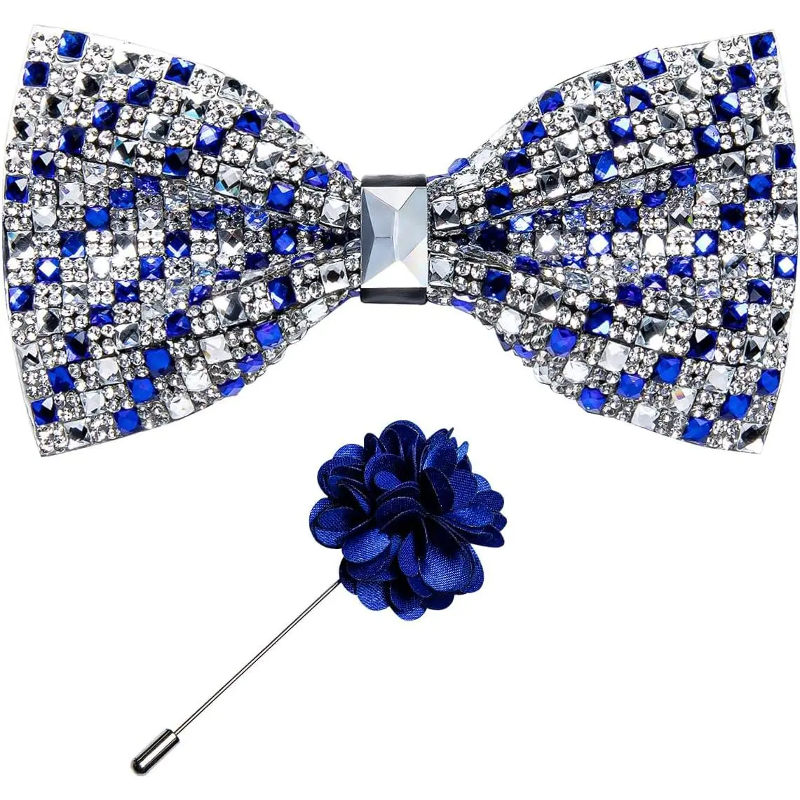 Men's Adjustable Pre-Tied Diamond Sequins Bow Tie Set with Ring and Lapel Accessory for Wedding Party, Royal Blue & Silver - Male Wear, All Seasons