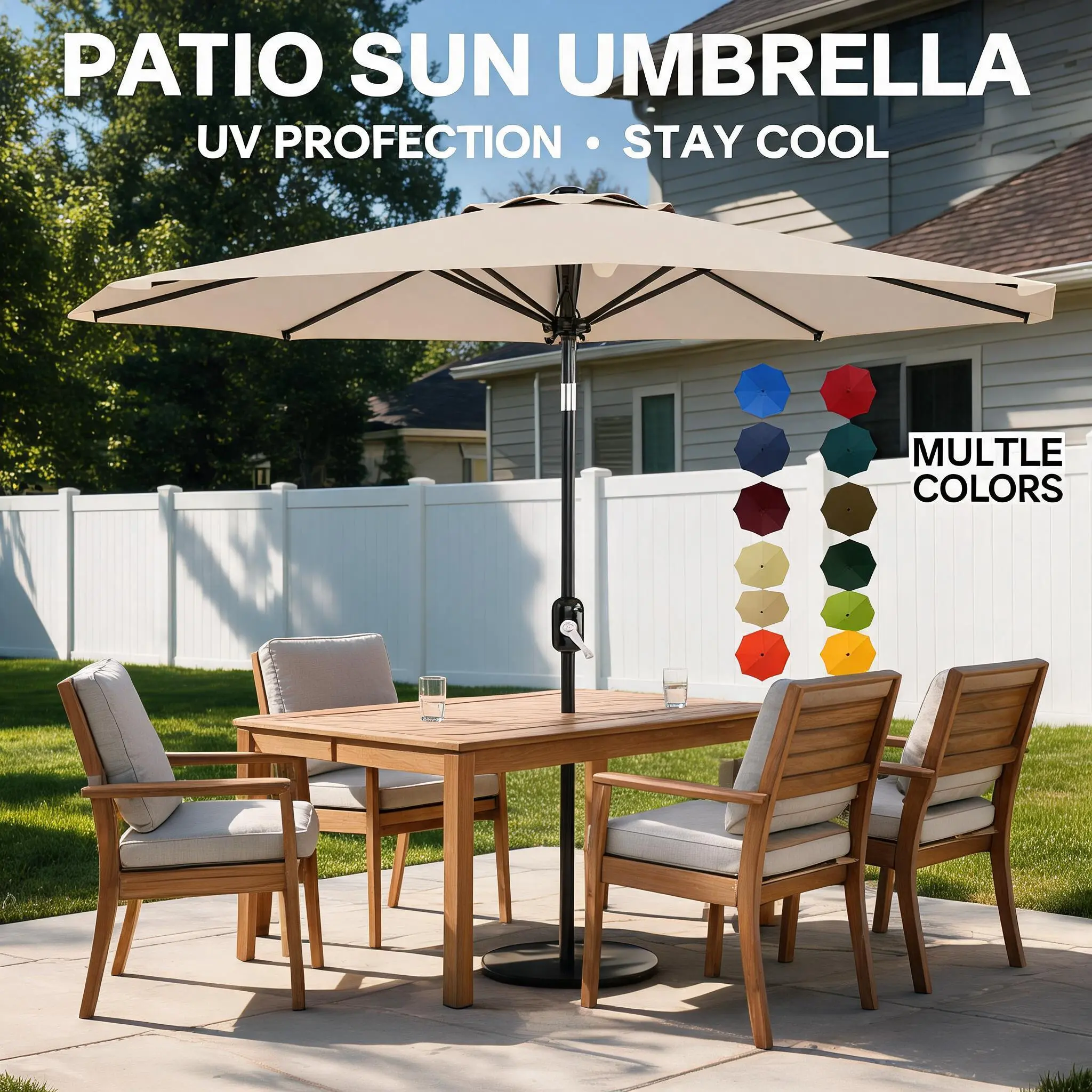 UV Protection Patio Umbrella - 9FT Outdoor Table Parasol with 8 Sturdy Ribs, Crank Lift & Push Button Tilt Waterproof Polyester Canopy for Garden Deck Pool Market Yard
