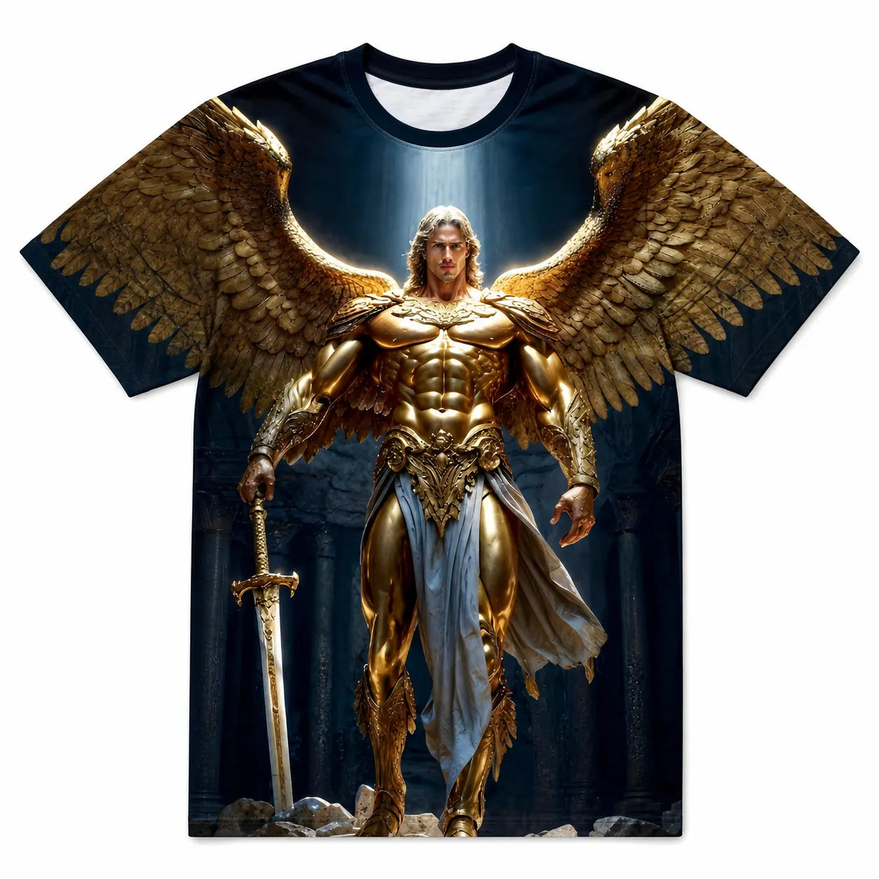 Men's gold armored archangel with wings andsword Graphic T-Shirt, Short Sleeve Crew NeckAll Over Print Tee, Casual Statement Top,archangel warrior shirt, angel sword tee,Christian armor T-shirt, fantasy faith apparel,religious gift, Everyday